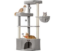 Kattenboom 140 cm met Grot, 2 Platforms, Hangmat en Krabpalen - Duifgrijs