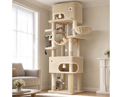 Krabpaal: Kattenboom 203 cm hoog krabpaal met meerdere niveaus sisal palen 2 slaapplaatsen klimplek voor grote katten beige