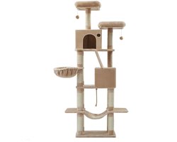Krabpaal: Kattenboom 60 x 50 x 206 cm bruin, Kattentoren met Krabpaal, Kattenklimrek met Kattenhelling, Uitkijkplanken, Kattennesten, Kattenmand, Hangmat, Pluche Ballen, Sisal Krabpalen, Kantelbescherming