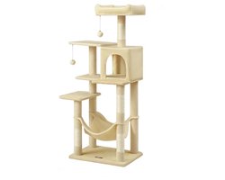 Krabpaal: Kattenboom Binnenkattenkrabpaal 55 x 45 x 143 cm Beige Met platform+kattenbed+hangmat+krabpalen+2 hangende speelgoedballen Meerdere niveaus Stevig en duurzaam Zachte pluche bekleding Geschikt voor ontspanning en vermaak van katten