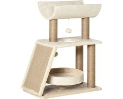 Krabpaal: Kattenboom Design Cosy Chic Multi-Uitrusting Activiteitencentrum Krabpaal Platforms Bed Game Hangbal van Hout en Pluche Korte Sisal 60 x 30 x 76 cm Lichtbruin | Multi-apparatuur, activiteitencentrum, krabber, platforms, bed, spe