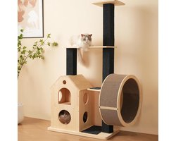 Kattenboom Hout - Klimrek Kat - Actieve Beweging - Ingebouwd Loopwiel - 80x40x152cm - Naturel