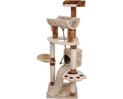 Krabpaal: Kattenboom Huis - Klimmeubel Krabpaal - Spelen en Rusten - Veelzijdige Activiteiten - 55x55x35 cm - Beige Bruin