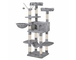 Kattenboom kattenklimrek met 2 uitkijkplatforms, 1 kattenhol, 1 hangmat, 1 kattennest, 3 pluche balletjes en sisal paal zacht pluche materiaal, verstevigde basis met kantelbescherming 50 x 50 x 164 cm grijs