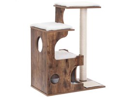 Kattenboom Kattenklimrek met 3 kattenhuisjes, kattenholen, sisal krabpaal en wasbare comfortabele kussens, vintage landelijke stijl, stevig frame, geschikt voor huisdieren om te spelen 66 x 40 x 86 cm bruin+wit