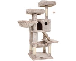 Kattenboom kattenklimrek met trap voor gemakkelijk klimmen, krabpaal van sisal, comfortabele ligstoel, hangmat voor een dutje en twee dikke platforms met opstaande randen. Verstevigde bodem met kantelbescherming. 49 x 49 x 135 cm, bruin