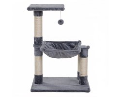 Kattenboom Kattenkrabpaal 50x36x70 cm Grijs Met sisal krabpalen, pluche hangmat en speeltje Stevig houten frame Comfortabel pluche oppervlak Geschikt voor katten om te spelen en te rusten