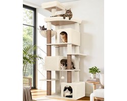 Krabpaal: Kattenboom - Kattenpaleis - Spelen en rusten - Drie grote huizen - 203 cm hoog - Beige