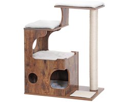 Kattenboom Kattentoren Kattenklimrek 66 x 40 x 86 cm bruin+wit, stevig frame, vintage landelijke stijl, met kattenholen, 3 kattenhuisjes, sisal krabpaal en wasbare comfortabele kussens, geschikt voor huisdieren om te spelen