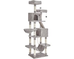 Kattenboom kattentoren kattenklimrek met krabpaal, kattenhelling, uitkijkplank, kattennest, kattenmand, hangmat en pluisballetjes zacht pluche oppervlak, grote basis met verstevigde onderlat en kantelbescherming 60 x 50 x 206 cm beige