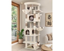 Krabpaal: Kattenboom - Klimmeubel Krabpaal - Spelen Ontspannen - Dubbele Huizen - 188 cm Hoog - Beige