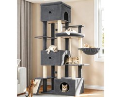 Krabpaal: Kattenboom Krabpaal, Donkergrijs, XXL Kattenklimboom voor Binnen, 75 &times; 48 &times; 200 cm, met 3 Kattenhuisjes en Kantelbeveiliging