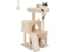 Kattenboom krabpaal kattenmeubel met sisaltouw - beige - speelhuisje met holletjes - PETEPELA Krabpaal