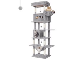 Kattenboom – Krabpaal – Klimpaal – Kattenhuis – Krabmeubel – 210 cm Hoog – 8 Sisal Krabpalen – Lichtgrijs – Met Hangmat en Wasbaar Platform