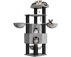Krabpaal: Kattenboom Krabpaal met Borstelpaal en Kattenhuisjes, Grote Kattenklimboom voor Binnen voor Grote Katten en Meerdere Katten, 55 &times; 55 &times; 183 cm, Lichtgrijs