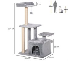 Kattenboom - Krabpaal - met Platform - Perfect voor Een Dutje Doen - Sporten - Spelen - Spaanplaat - Zacht pluche - 60 x 40 x 114 cm - Grijs
