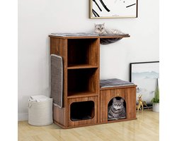 Krabton: Kattenboom krabton kattenmeubel met holte matten, kattenspeelhuis hout, kattenhuis klimboom, krabpaal activiteitsboom 69x39x 80,5 cm