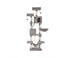 Kattenboom meerlagige grote kattentoren multifunctioneel kattenparadijs 60 x 50 x 206 cm lichtgrijs met 13 krabpalen krabhelling zitstokken kattenhol kattenmand hangmat en pluisballetjes geschikt voor binnenkatten om te klimmen spelen en ontspannen