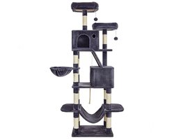 Kattenboom meerlagige grote kattentoren multifunctioneel kattenparadijs 60 x 50 x 206 cm Rookgrijs met 13 krabpalen krabhelling zitstokken kattenhol kattenmand hangmat en pluisballetjes geschikt voor binnenkatten om te klimmen spelen en ontspannen