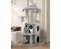 Kattenboom met 2 ruime holtes, gevoerd platform, sisal krabzuilen, pluche kattenspeelgoed, stabiele kattentoren 127 cm hoog voor babykatten en grote katten - Lichtgrijs (FC50)