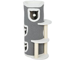 Krabpaal: Kattenboom - met bal en krabpaal - 101 cm - 3 vatappartementen, 3 platforms - grijs