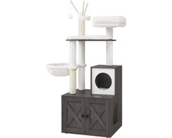 Kattenboom met Kattenbak 151 cm – Luxe 2-in-1 Krabpaal met Verborgen Kattenbak, Speelplatform & Ligplekken – Stabiel, Compact & Comfortabel Kattenmeubel in Mistgrijs – Industrialhome