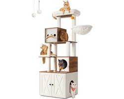Krabpaal: Kattenboom – Met kattenbakkast – 180 cm hoog – Honingbruin/Vintage wit