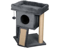Kattenboom Met Krabmat, Ligplatform, Speelbal en Kattenhuis Stevige Houten Frame Zachte Pluche Oppervlak Multifunctioneel Ontwerp Biedt Vermaak en Rust Geschikt voor Katten Tot 5 kg 40x40x57 cm Grijs