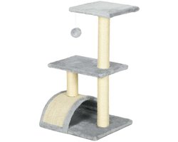 Kattenboom met Krabpaal, Boogvormige Krabmat, Rustplaats en Hangend Speeltje, Zachte Pluche Oppervlakte, Stevige Houten Frame, Veilig Ontwerp, Geschikt voor Thuisgebruik, 40x35x72 cm, Grijs