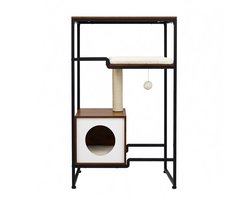 Kattenboom met opbergrek 2-in-1 74×34×114 cm vintage bruin Meerdere plateaus + comfortabel kattenhuis + sisal krabpalen Stevig metalen frame 30 kg draagkracht Met kantelbeveiliging Geschikt voor woonkamer/slaapkamer