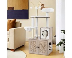 Krabpaal: Kattenboom - Met uitneembare kattenbakkast - 3 ligplekken - Lichtbruin