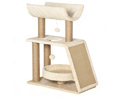 Kattenboom multifunctionele krabpaal 60x30x76cm beige met U-vormig platform, krabmat, kattenmand en hangbal, stevig houten frame, comfortabele zachte pluche bekleding, geschikt voor binnen spelen en rusten