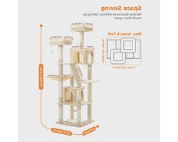 Kattenboom - Sisal Krabpalen - Kitten Krabpaal - Katten Klimmuur - Arbre a Chat - Meerdere Verdiepingen - Grote - 180cm - met Hangmat & Speeltjes - Houten Krabmeubel - voor Binnenkatten - Beige