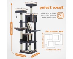 Kattenboom - Sisal Krabpalen - Kitten Krabpaal - Katten Klimmuur - Arbre a Chat - Meerdere Verdiepingen - Grote - 180cm - met Hangmat & Speeltjes - Houten Krabmeubel - voor Binnenkatten - Donkergrijs