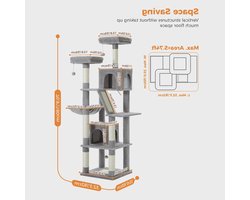 Kattenboom - Sisal Krabpalen - Kitten Krabpaal - Katten Klimmuur - Arbre a Chat - Meerdere Verdiepingen - Grote - 180cm - met Hangmat & Speeltjes - Houten Krabmeubel - voor Binnenkatten - Grijs