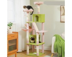 Kattenboom - Sisal Krabpalen - Kitten Krabpaal - Katten Klimmuur - Arbre a Chat - Meerdere Verdiepingen - Grote - 180cm - met Hangmat & Speeltjes - Houten Krabmeubel - voor Binnenkatten - Roze