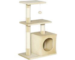 Kattenboom, speeltoren voor katten, sisal palen, 2 platforms, nest, bal, pluche stof, 50x30x81,5 cm, beige