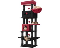 Krabpaal: Kattenboom – Voor Binnengebruik en Maine Coon – 170 cm Grote Kattenboom met Meerdere Levels, Groot Ligvlak en Wasbare Mat – Zwart/Rood