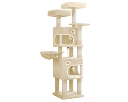 Krabpaal: Kattenboom – Voor Binnenkatten – 159 cm Multi-Level Kattenkrabpaal met 8 Krabpalen, 3 Platforms, 2 Kattenhuizen en Mand – Beige