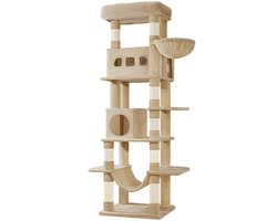 Krabpaal: Kattenboom &ndash; Voor Binnenkatten &ndash; 170 cm Hoge Kattenboom, Multi-Level Kattenhuis met Condo, 8 Krabpalen, Hangmat en 4 Speelballetjes &ndash; Camel Bruin