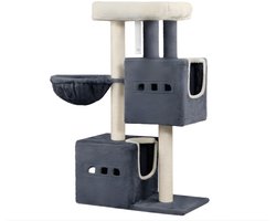 Krabpaal: Kattenboom – Voor Binnenkatten – 98 cm Kattenboom met Sisal Krabpaal, Multi-Level Stabiel Kattenmeubel met Kattenhuis, 2 Holletjes en Speelballetjes – Grijs