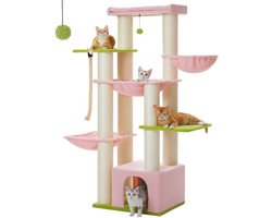 Kattenboom - Voor Grote Binnenkatten – Krabpaal - Hoog Kattenmeubel - met Sisal Krabpalen - Condo Hangmat - Meerdere Verdiepingen – Arbre a Chat - met Pluche Perch Speelbal - 170cm - Roze