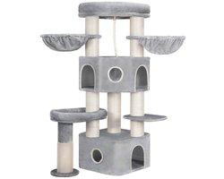 Krabpaal: Kattenboom &ndash; Voor Grote Katten &ndash; 163 cm Kattenboom met Dikke Sisal Krabpalen, 2 Holletjes, Groot Platform, Speelballetje en Kattenborstel &ndash; Lichtgrijs