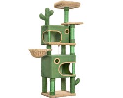 Krabpaal: Kattenboom &ndash; Voor Katten &ndash; 165 cm Cactus Kattenboom met 6 Krabpalen, 2 Platforms, 2 Holletjes, Mand en Sisal Touw &ndash; Groen/Bruin