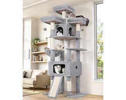 Krabpaal: Kattenboom XXL - Kattenhuis Klimmeubel - Spelen en Rusten - Extra Grote Huizen - 192 cm Hoog - Lichtgrijs
