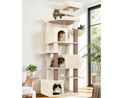 Krabpaal: Kattenboom XXL - Klimmeubel Poes - Spelen en Rusten - Drie Grote Huizen - 203 cm Hoog - Beige
