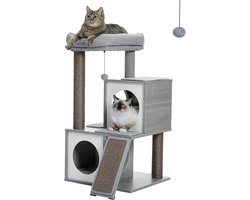 kattenboom_ sisal kattenkrabpalen, voor kittens, meubels met kattenholletjes_lichtgrijs