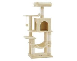 Kattenboomtoren, katten speelrek, 45 x 35 x 112 cm, beige, met 2 platforms, 4 krabpalen, hangmat en kattenmand, zachte pluche bekleding, stevig houten frame, geschikt voor meerdere katten