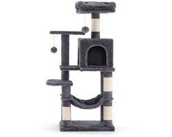 Krabpaal: Kattenboomtoren, katten speelrek, 45 x 35 x 112 cm, grijs, met 2 platforms, 4 krabpalen, hangmat en kattenmand, zachte pluche bekleding, stevig houten frame, geschikt voor meerdere katten