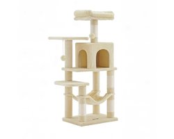 Kattenboomtoren, meerlagig kattenappartement, met 4 krabpalen, 2 platforms, hangmat en kattenmand, stevig houten frame, zachte pluche bekleding, geschikt voor meerdere katten, 45 x 35 x 112 cm, beige